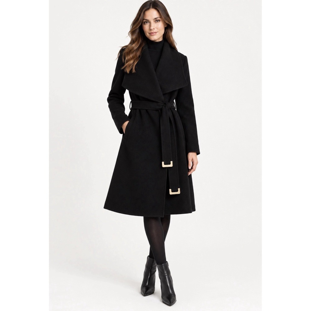Diane Von Furstenberg Wool Blend Belted Overcoat Black SZ 8